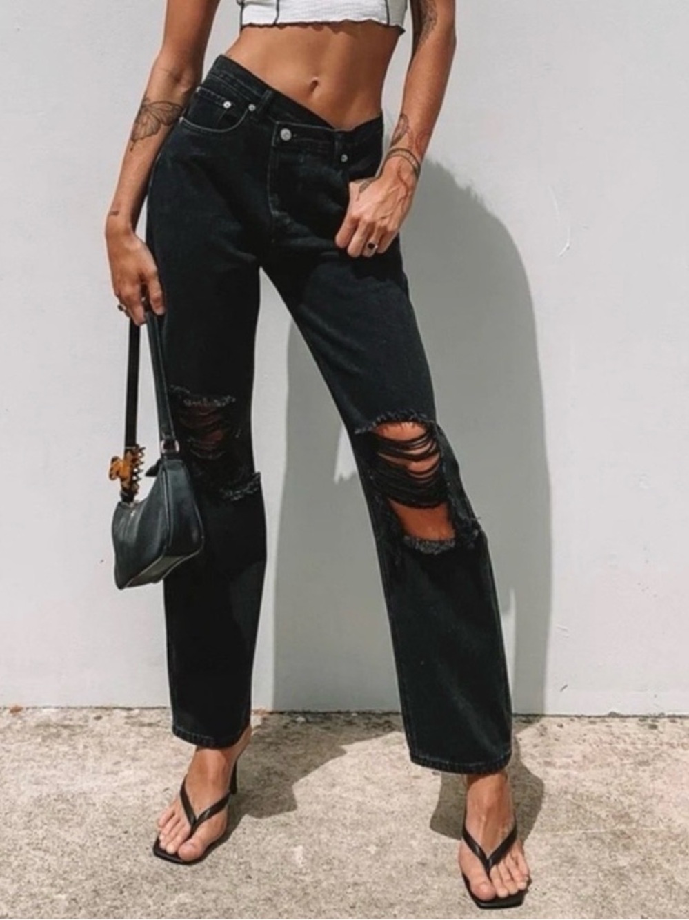 Princess Polly Distressed Straight Leg Jeans in Black with A-Symmetrical Buttons
